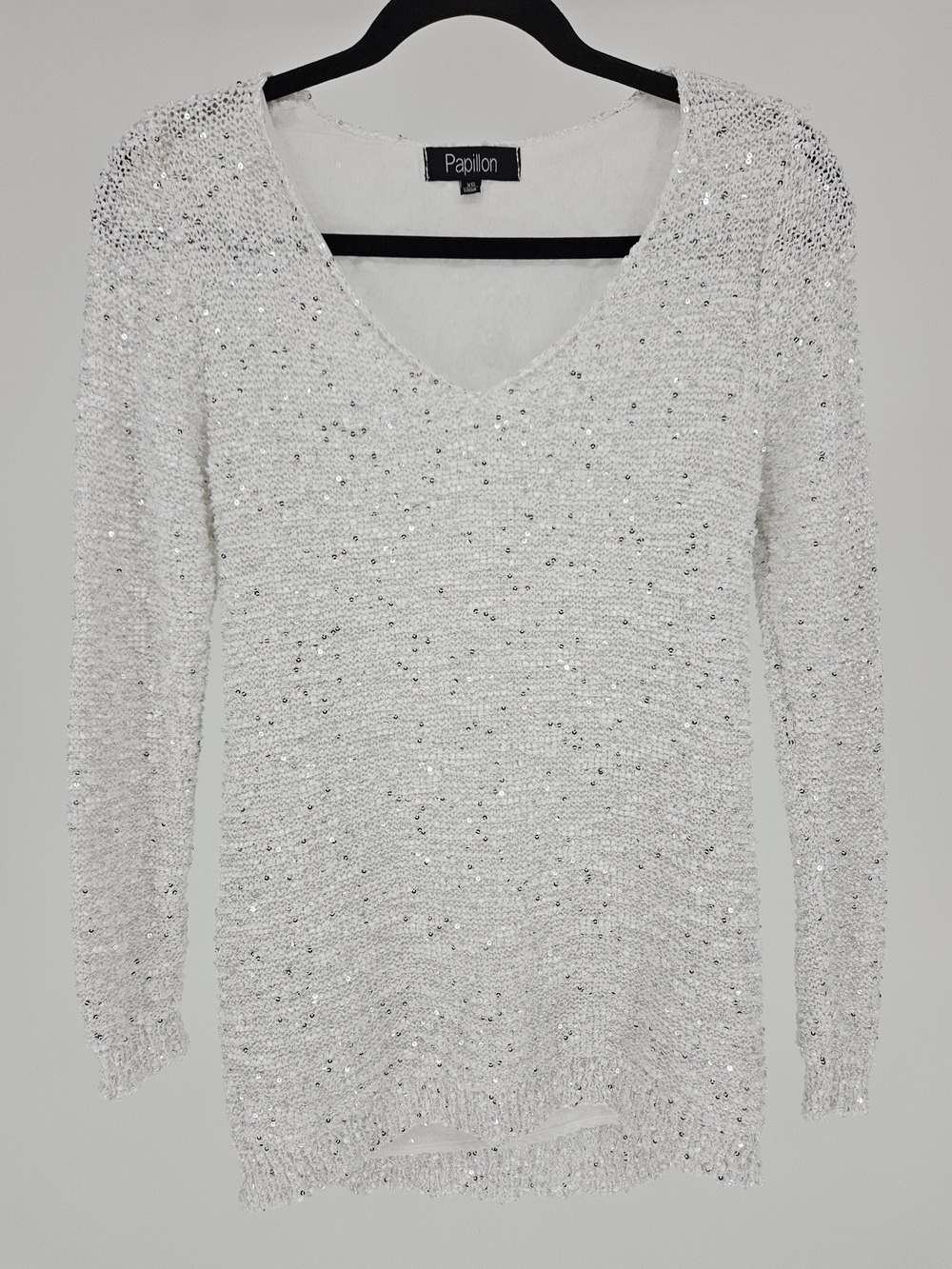 Papillon White Sequin Knit Sweater XS V-Neck Sparkly Pullover